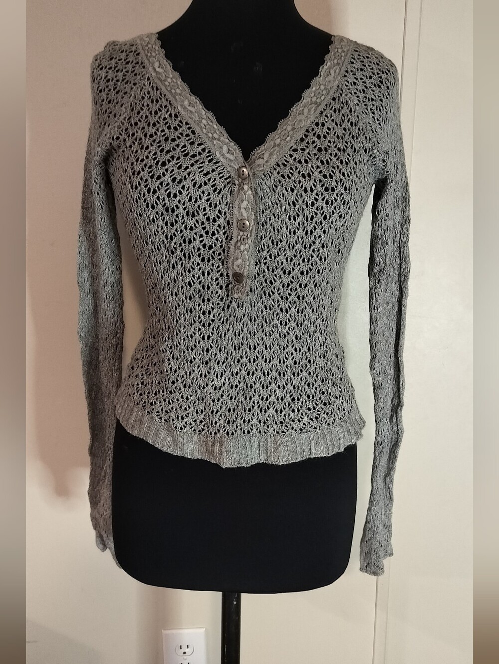 CO Women's Open-Knit V-Neck Sweater in Light Gray